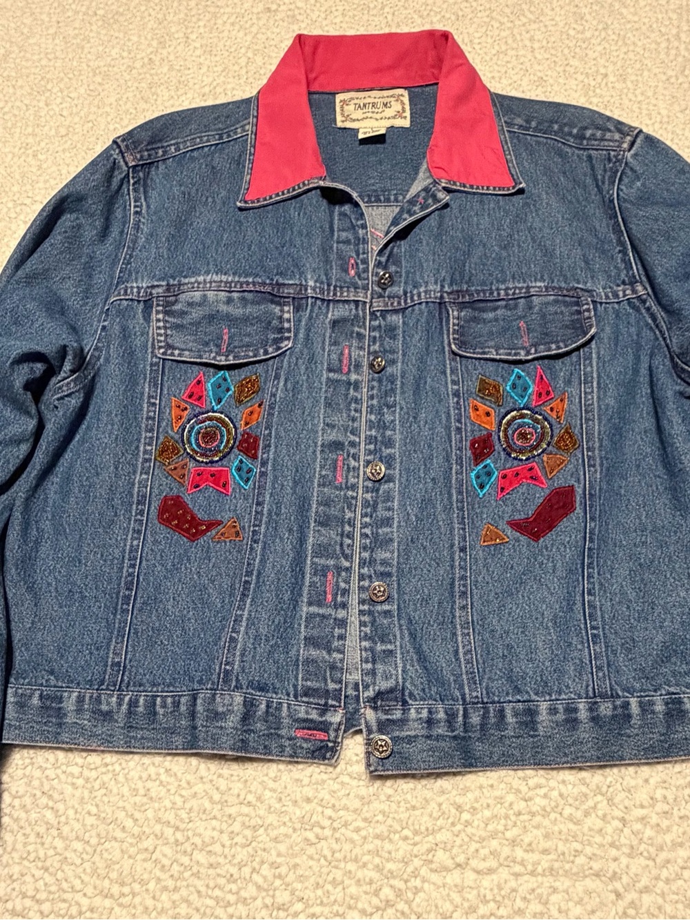 Tantrums Blue Denim Jacket with Pink Collar and Multicolor Embroidery